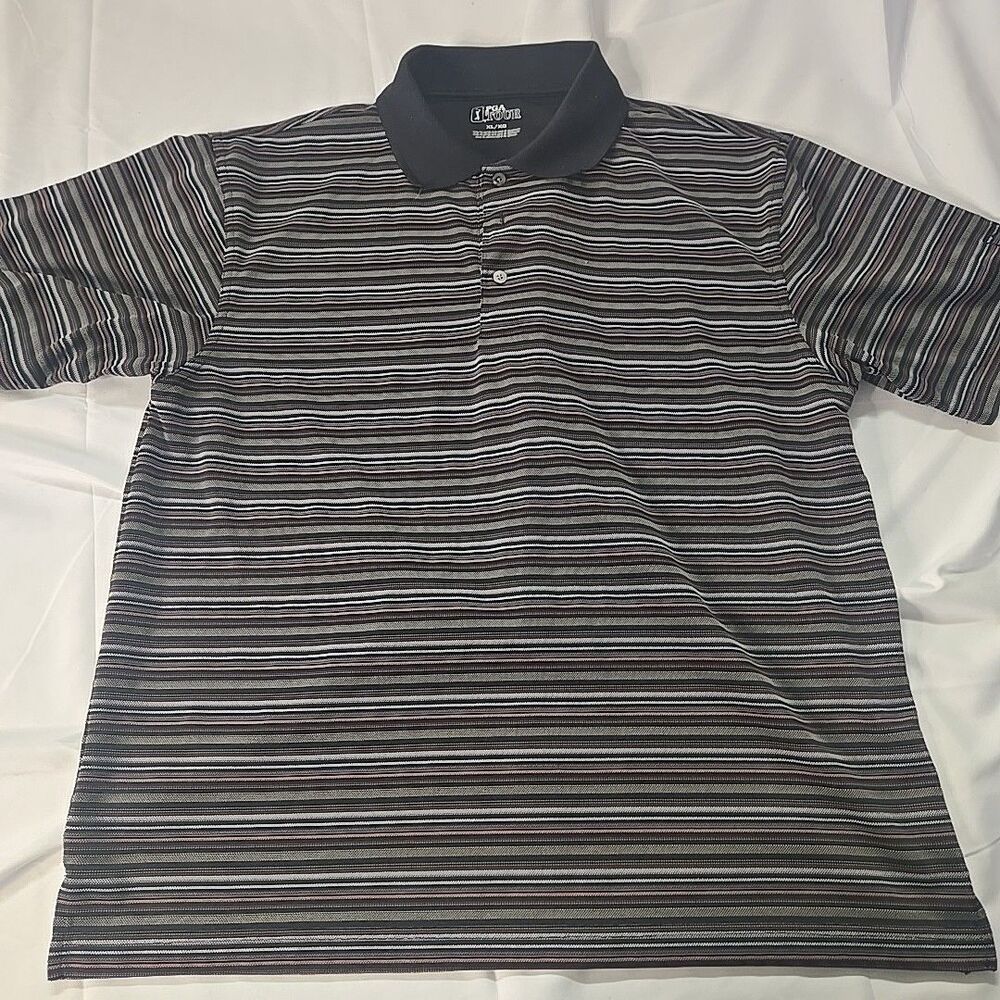 Mens Striped Polo Shirt XL Gray Striped PGA Tour Golf Core Old Money Preppy